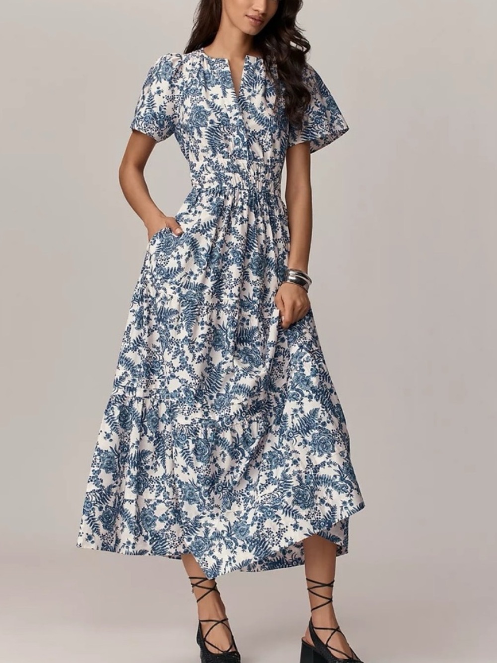 Anthropologie The Somerset Blue and White Fern Toile Tiered Maxi Dress Size XSP